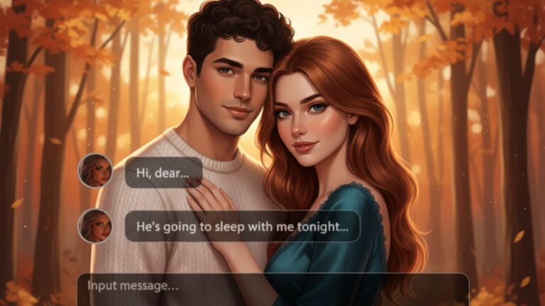 Cuck chat featured image showing illustrated couple in autumn forest with chat messages appearing on screen.