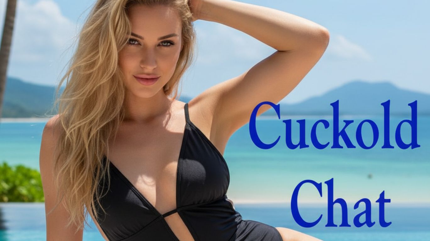 Free cuckold chat featured image with woman in black swimsuit posing by the beach with bold text overlay.