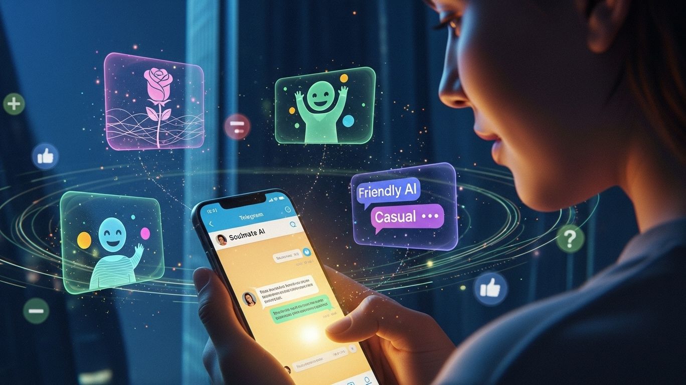 Illustration of a user evaluating soulmate ai on Telegram, showing digital companions with different personalities and highlighting both benefits and limitations of the AI platform.