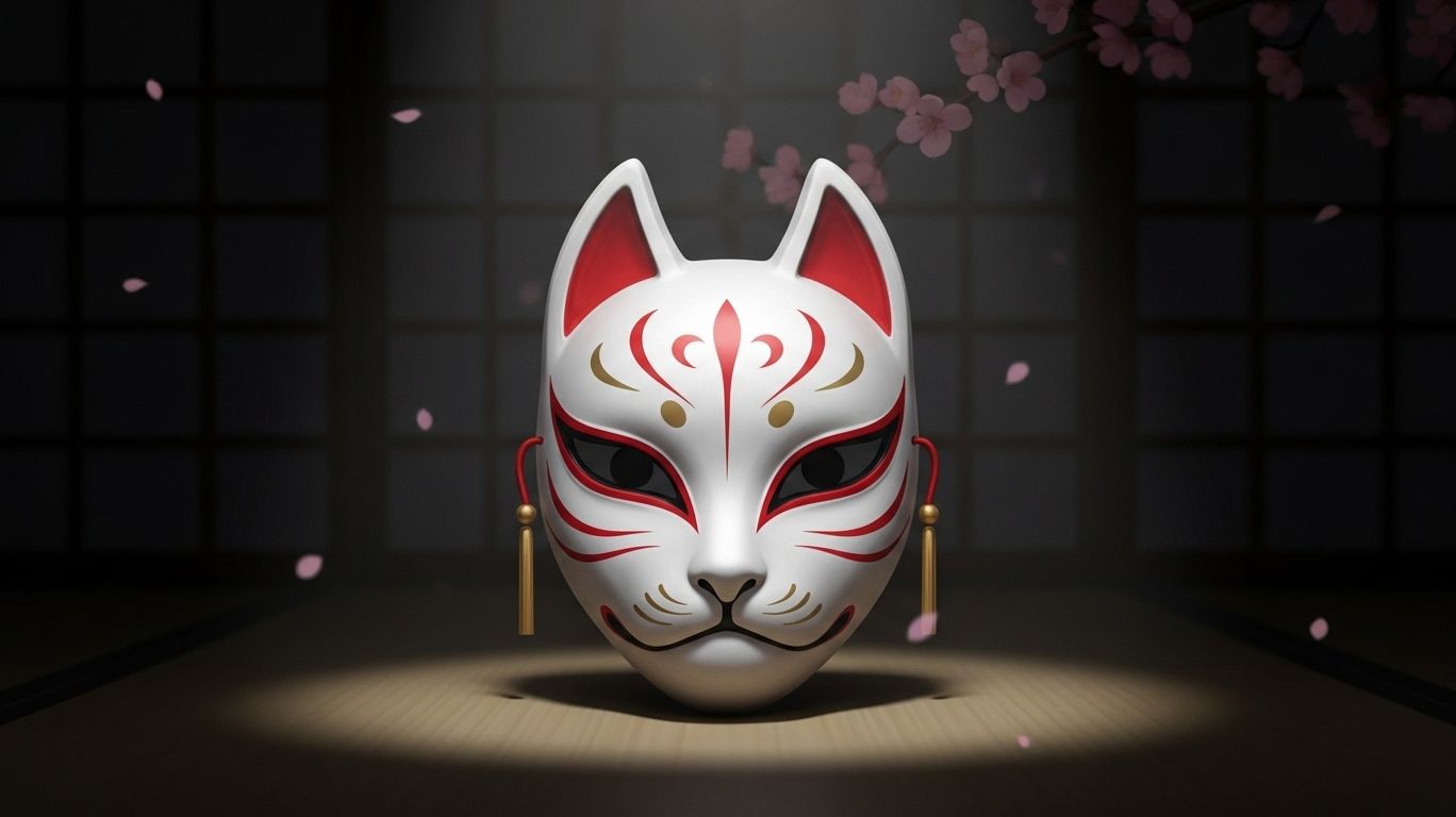 Elegant Japanese kitsune mask artwork symbolizing beauty, mystery, and folklore with traditional red, white, and gold details.