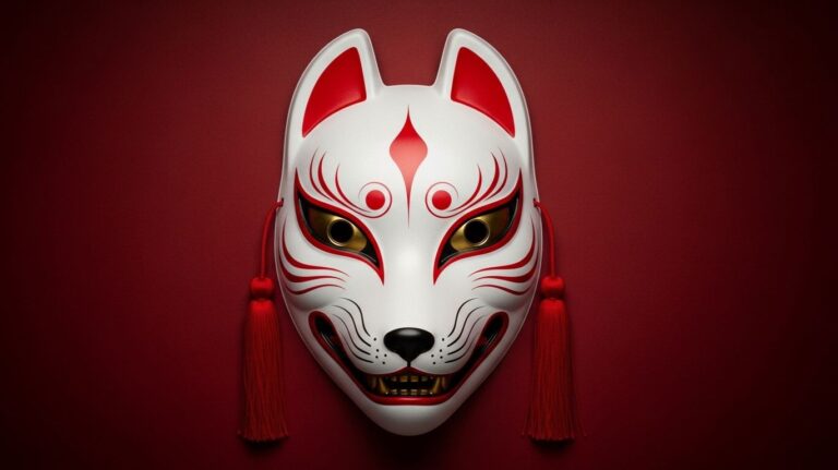 "Kitsune mask with red and white fox design featuring gold eyes and decorative tassels on a dark red background.