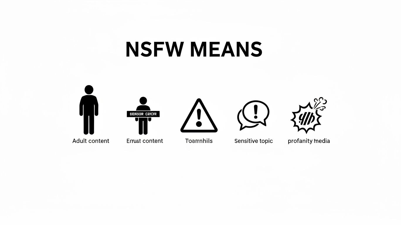 Infographic explaining nsfw means with examples of adult content, graphic visuals, offensive topics, and profanity-heavy media in internet slang