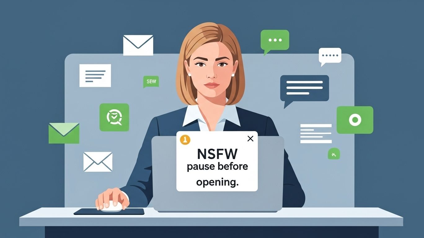 Illustration showing nsfw means pause before opening, with a person at work on a laptop seeing an NSFW warning pop-up in email, chat, and social media.