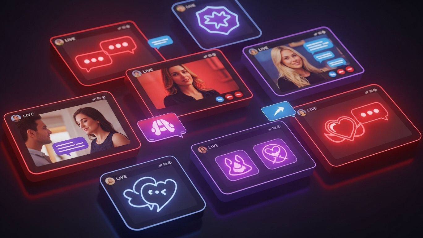 Porn chat featured image showing live video chat screens with men and women alongside neon icons of hearts and messages.