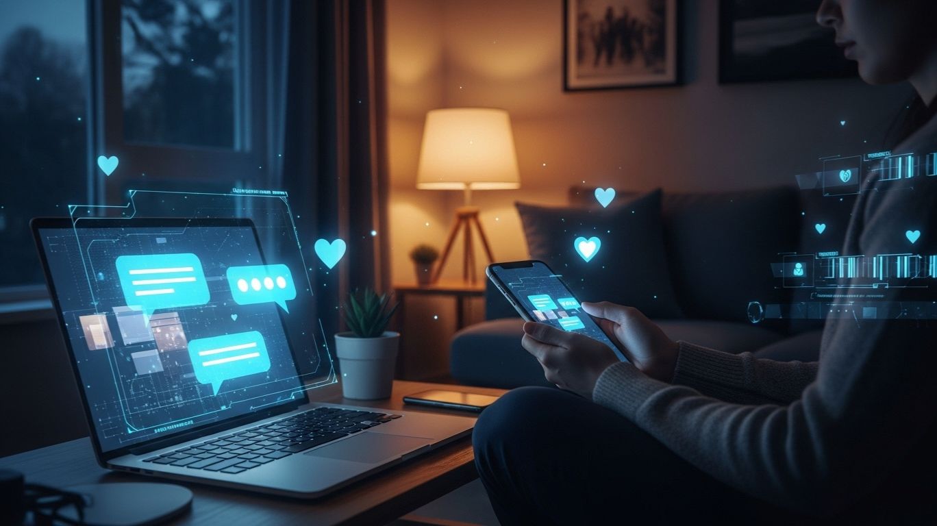 Illustration of a person chatting with soulmate ai on a laptop and smartphone, showing digital companionship, emotional support, and human-like AI connection in a futuristic setting.
