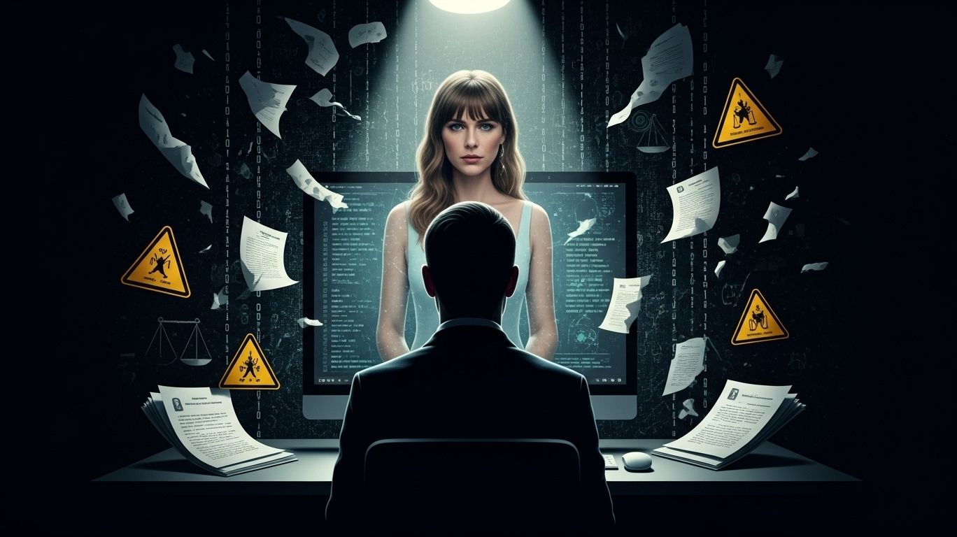 Conceptual illustration showing the risks of taylor swift ai generated porn and the lack of U.S. laws preventing deepfake abuse, with blurred silhouettes and digital code representing privacy violations