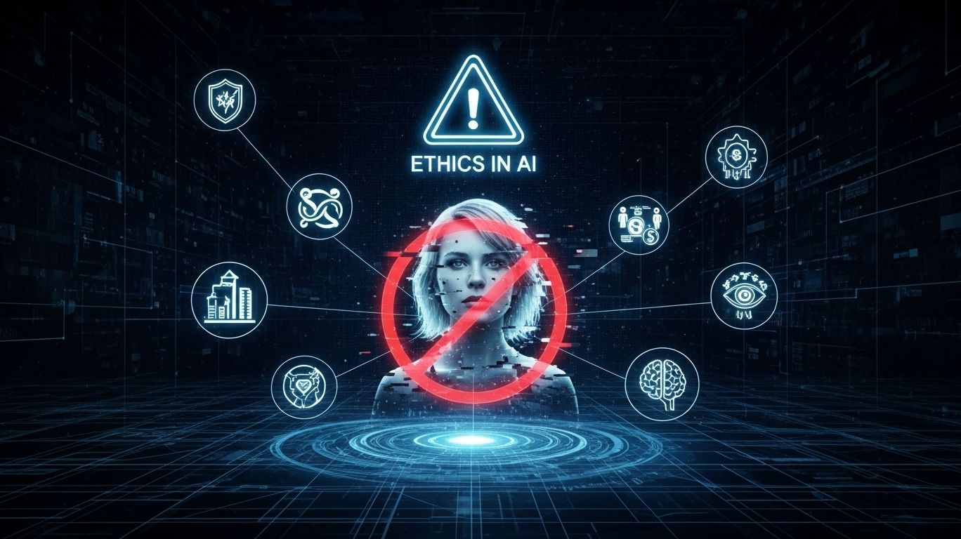 Illustration showing responsible AI safeguards against harmful content like taylor swift ai nsfw deepfakes, with a silhouette blocked by prohibition signs and digital ethics icons.
