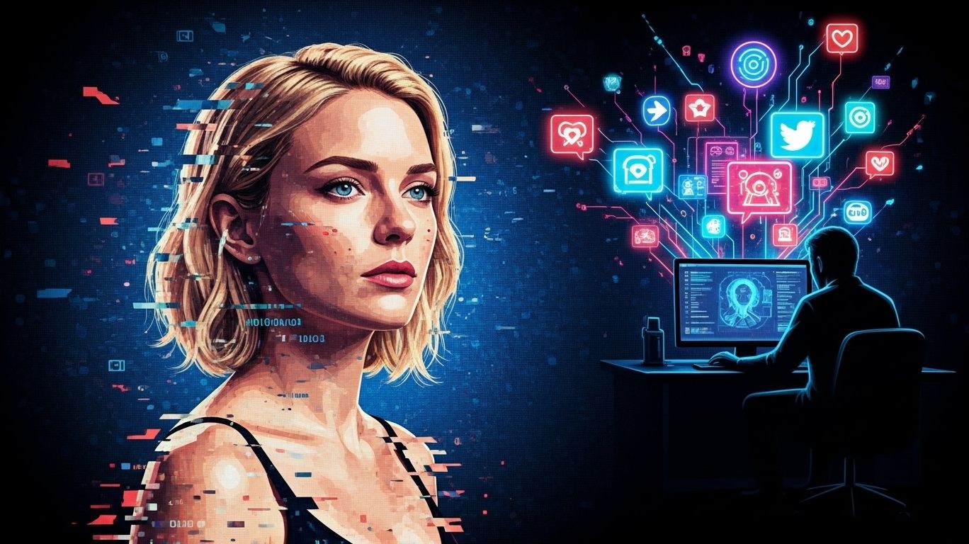 Conceptual illustration highlighting the risks of taylor swift ai nsfw deepfakes, showing a stylized silhouette of Taylor Swift fragmented into glitch effects with digital code and social media icons in the background.