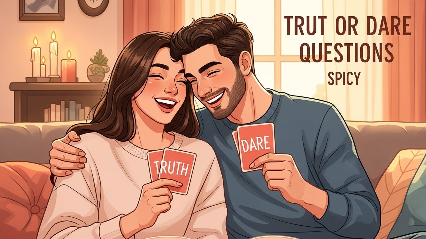 Couple laughing and playing a playful game of truth or dare questions spicy at home with candle-lit ambiance and flirty, cozy vibes