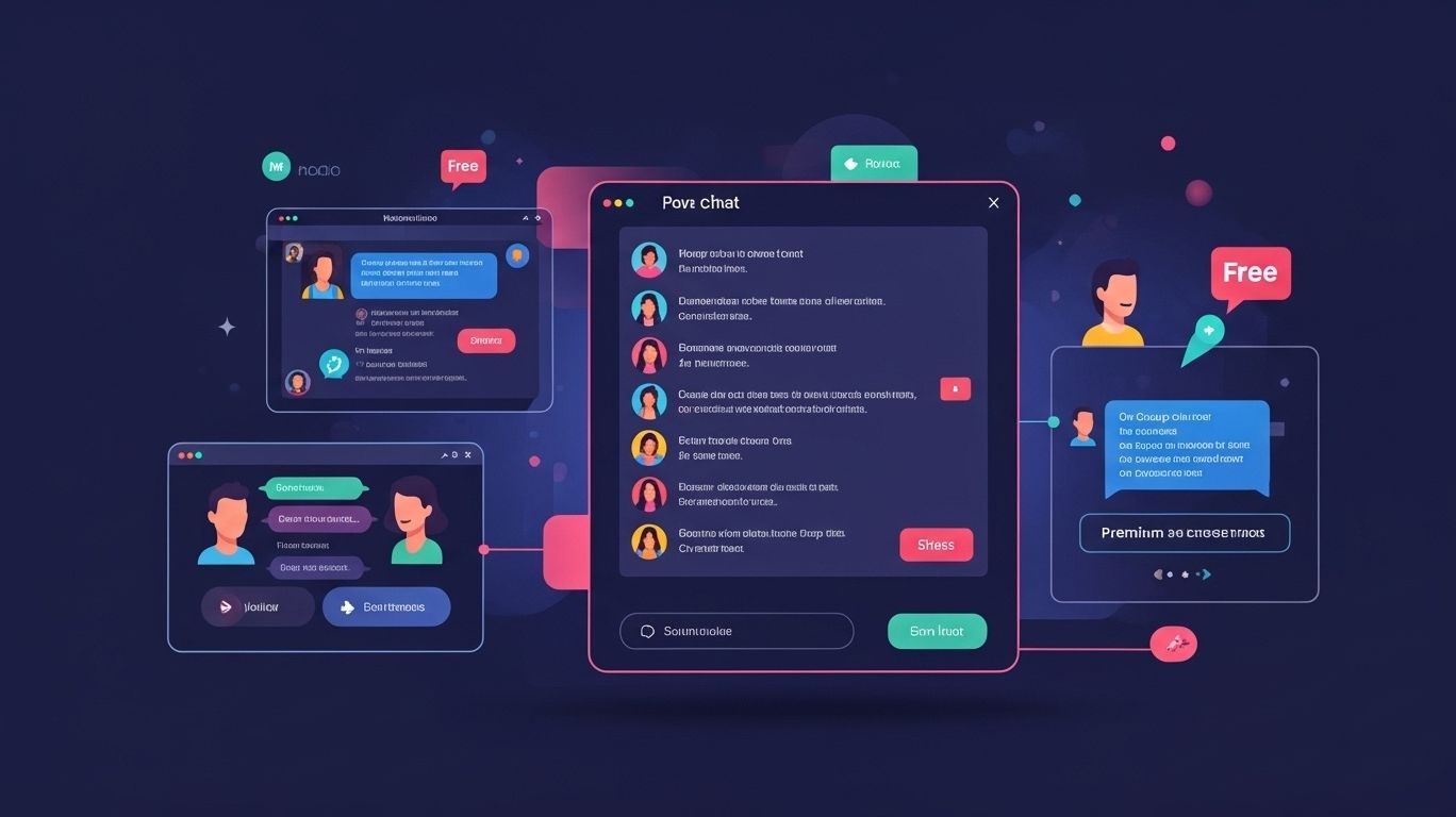 Illustration of different types of online chat platforms, including public, group, and private chats, highlighting the variety of options in an adult chat room for users to connect and interact.