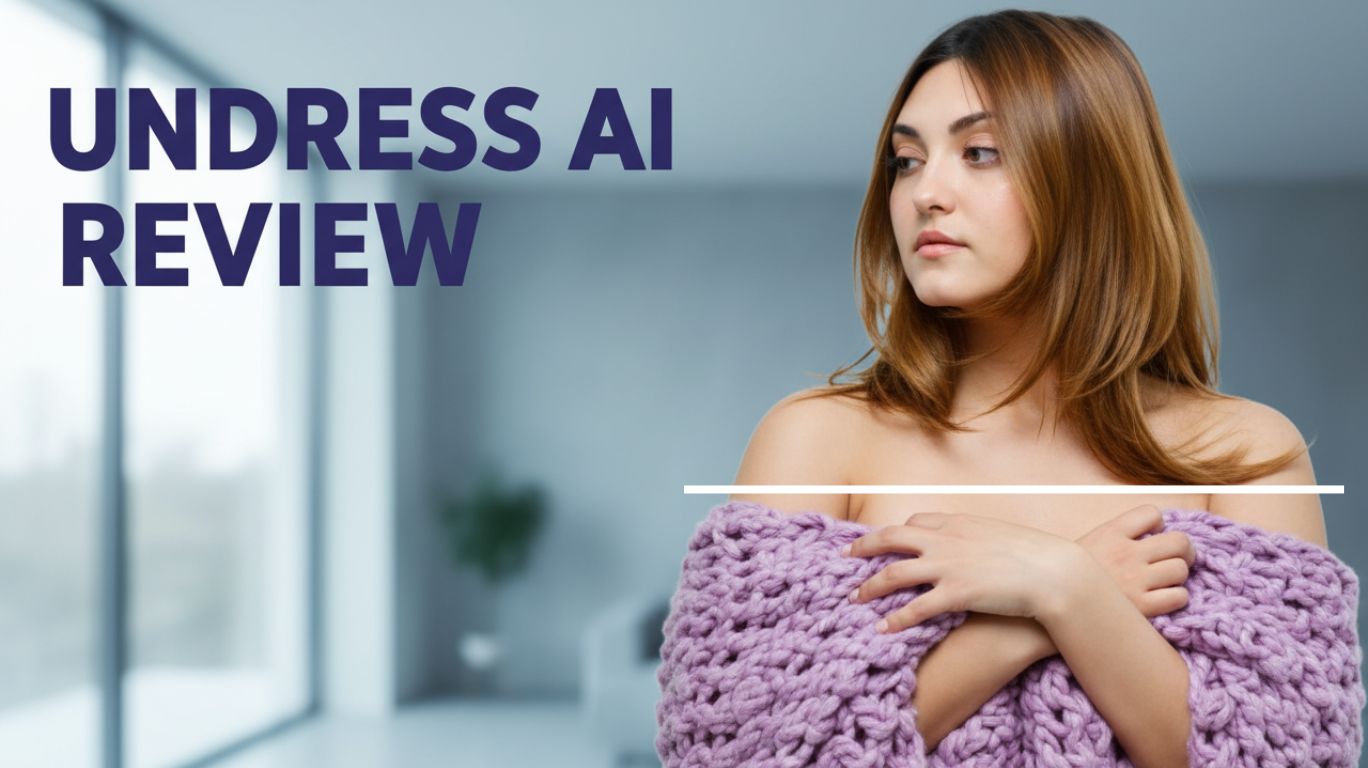 Undress AI review featured image showing a woman wrapped in a purple blanket with bold review text overlay