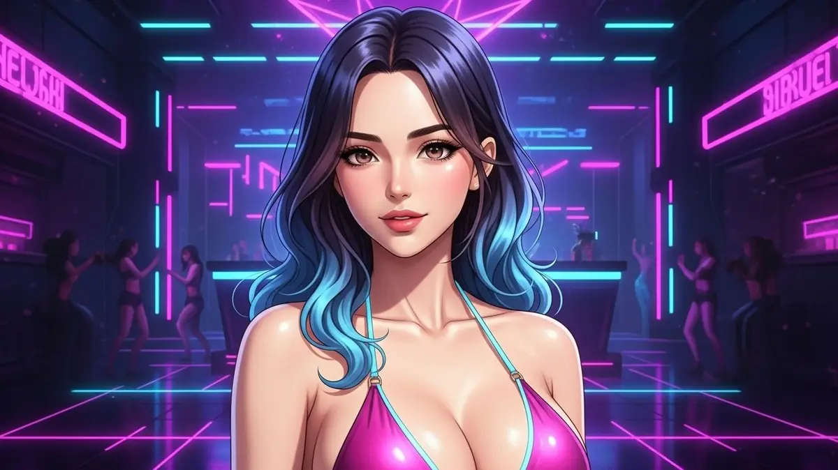 AI generated hentai art of an adult anime-style woman in a neon cyberpunk club