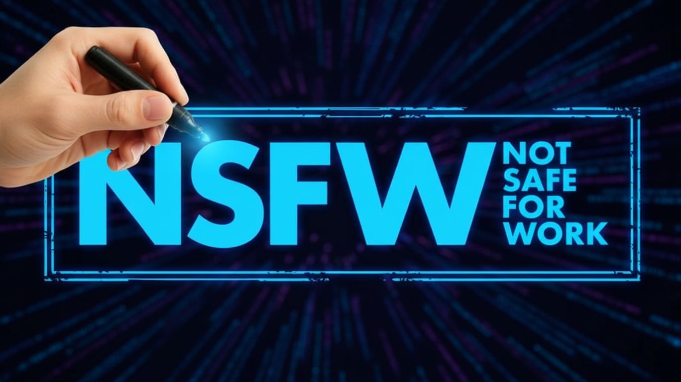 What is NSFW concept illustrated with glowing blue NSFW text meaning not safe for work on digital background