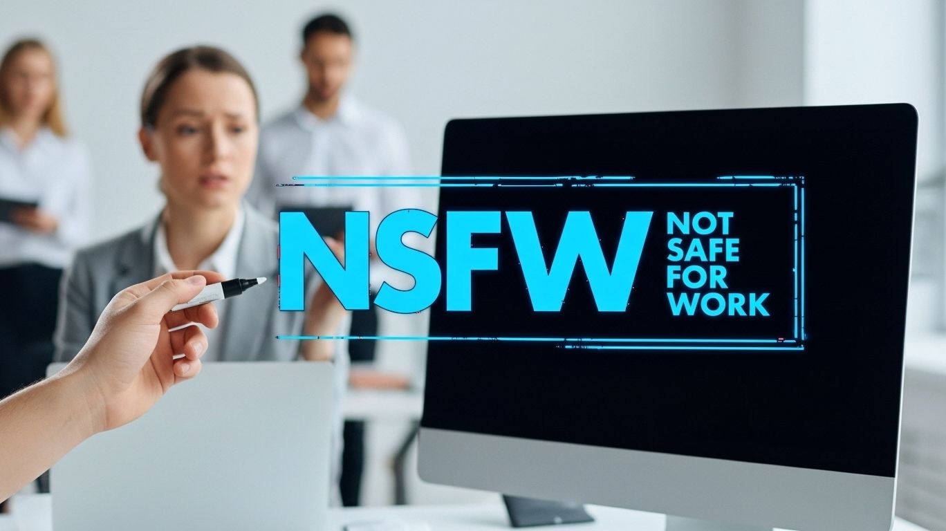 Illustration explaining what is NSFW with an office computer showing an NSFW warning, highlighting safe browsing and workplace content awareness