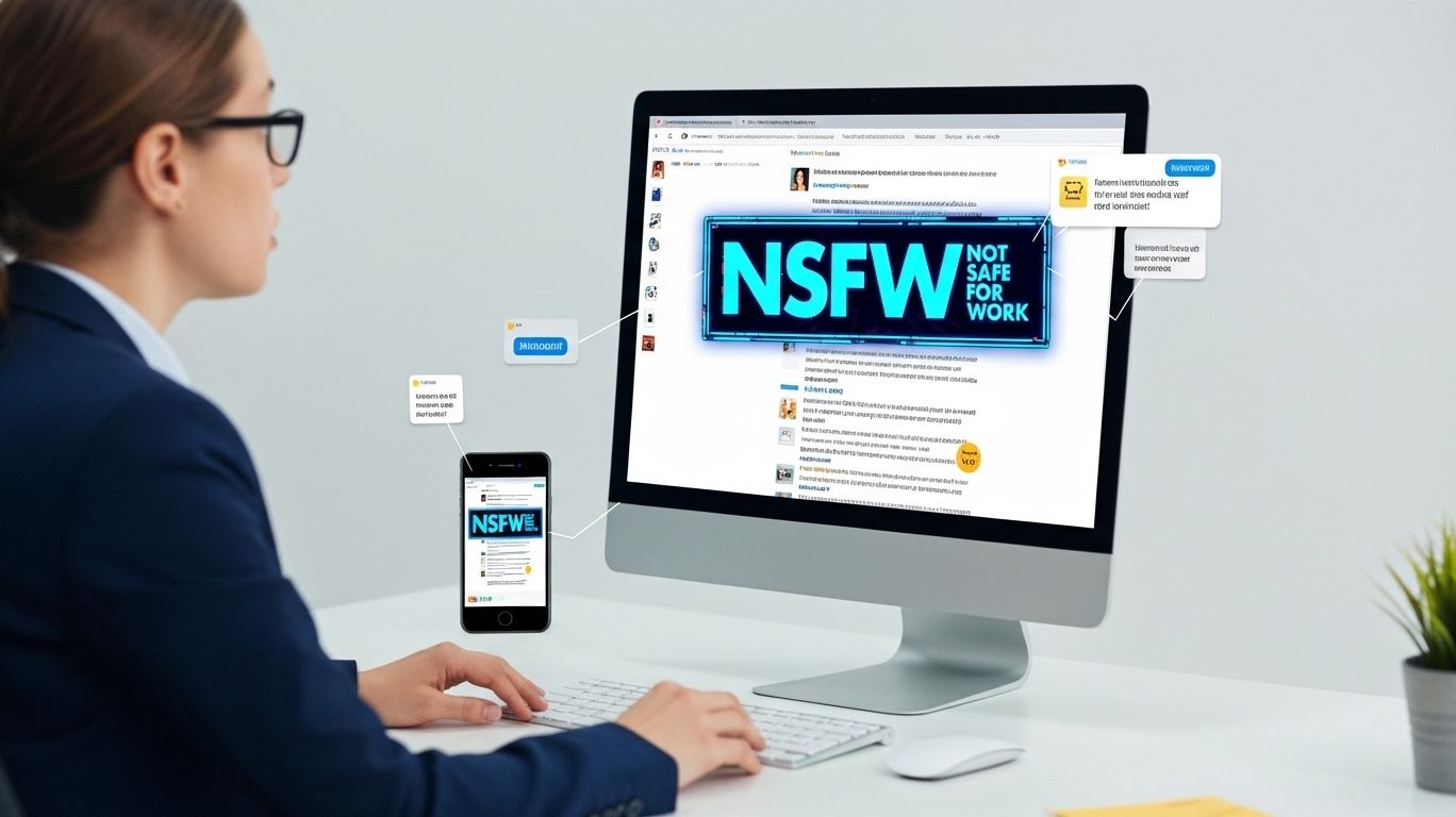 Illustration showing what is NSFW with a laptop and smartphone screen displaying an NSFW tag on social media, highlighting online content awareness and safe browsing