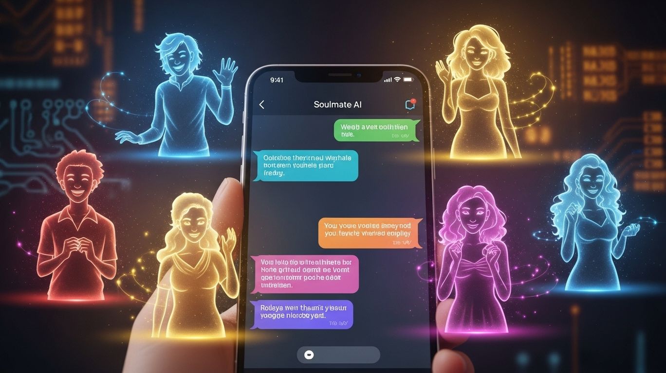 Futuristic illustration of soulmate ai on Telegram, showing digital companions with unique personalities designed for emotional engagement and interactive conversation.
