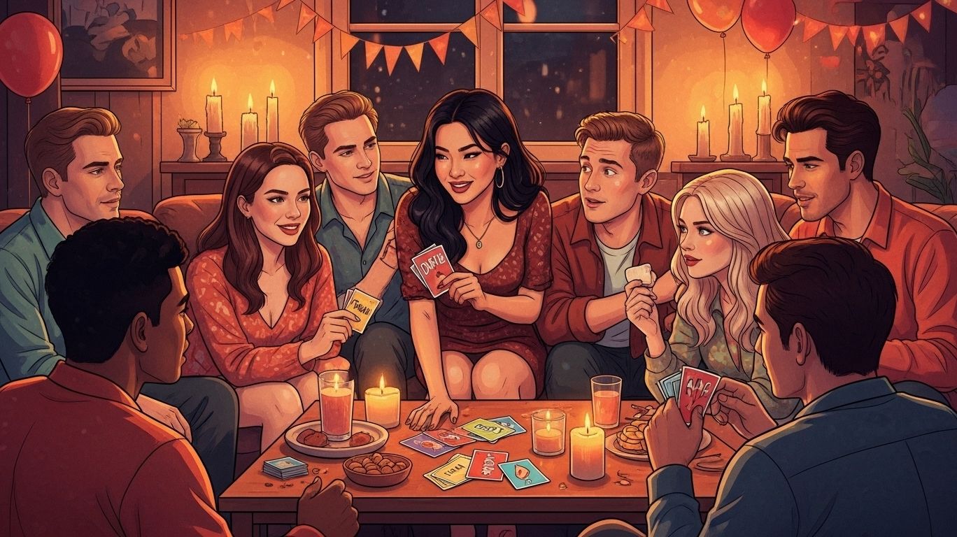Young adults enjoying a fun, flirty game of truth or dare questions spicy, laughing and interacting in a cozy, playful party setting with colorful cards and candle-lit ambiance