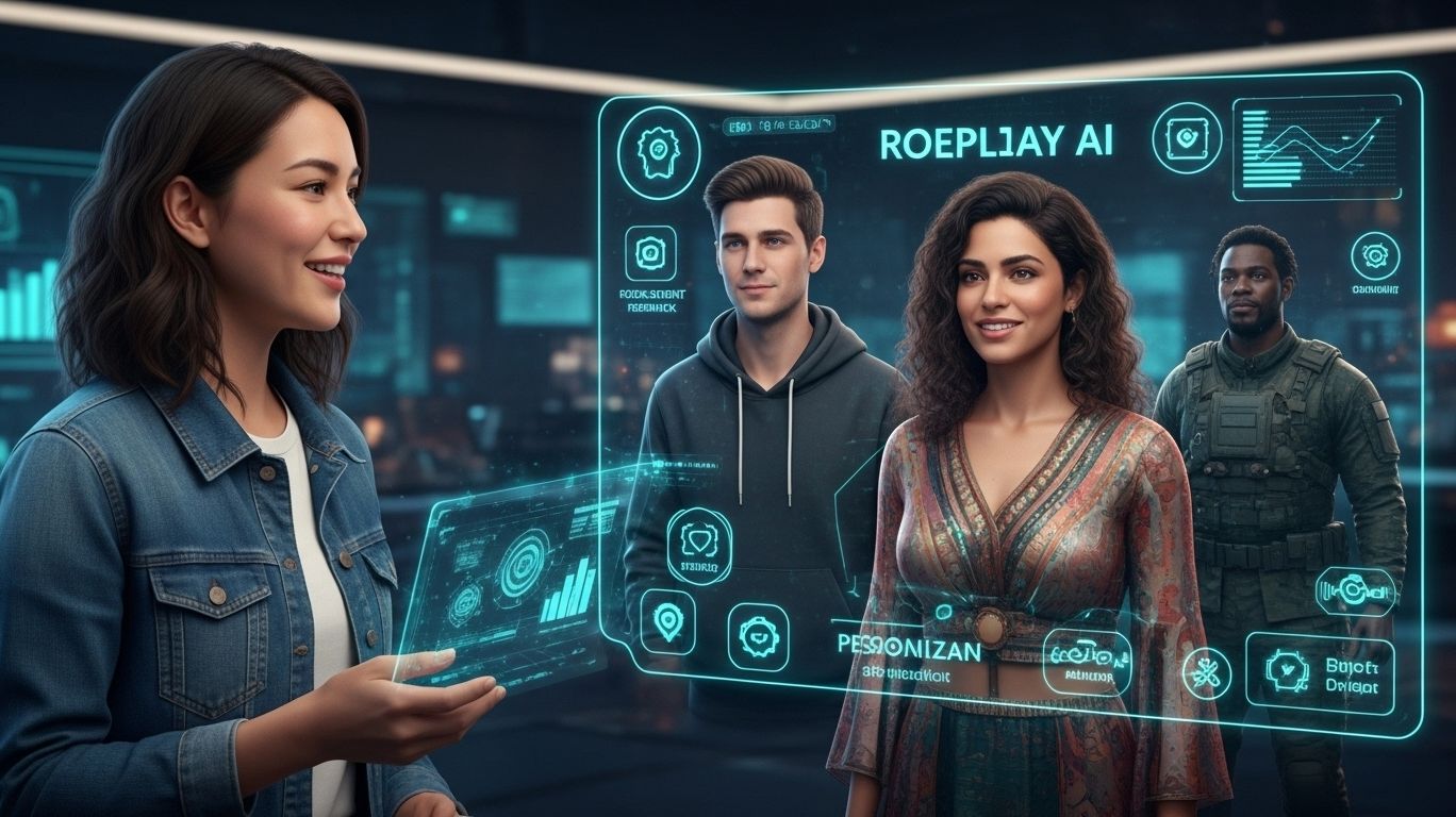 Illustration showing the benefits of roleplay AI including risk-free practice, personalized learning, cost-effectiveness, and anytime accessibility through AI-driven virtual training.