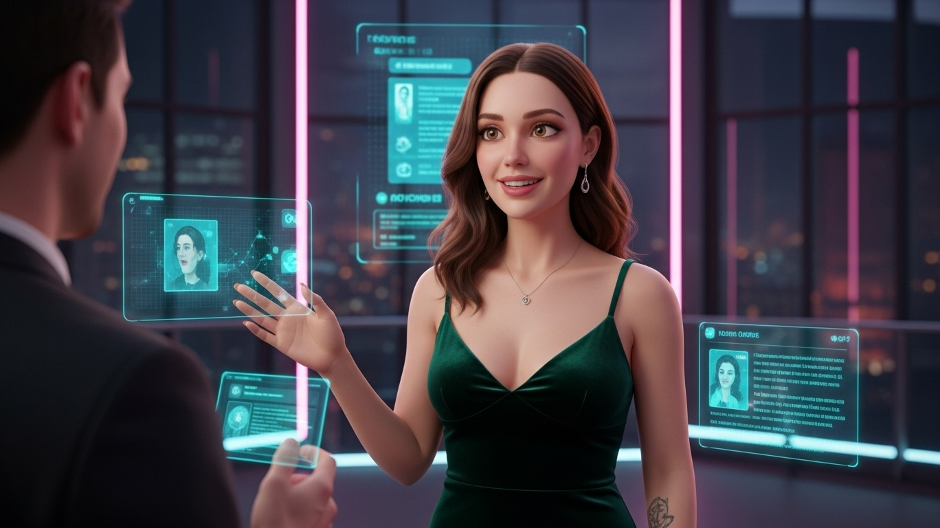 Porn AI chat interface showing customizable virtual characters and personality options with a realistic digital woman on the side