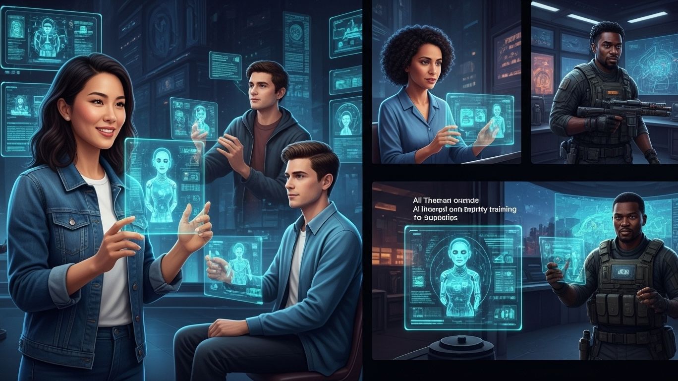 Diverse applications of roleplay AI shown through education, therapy, gaming, and virtual assistance, highlighting the versatility and real-world uses of roleplay AI technology.