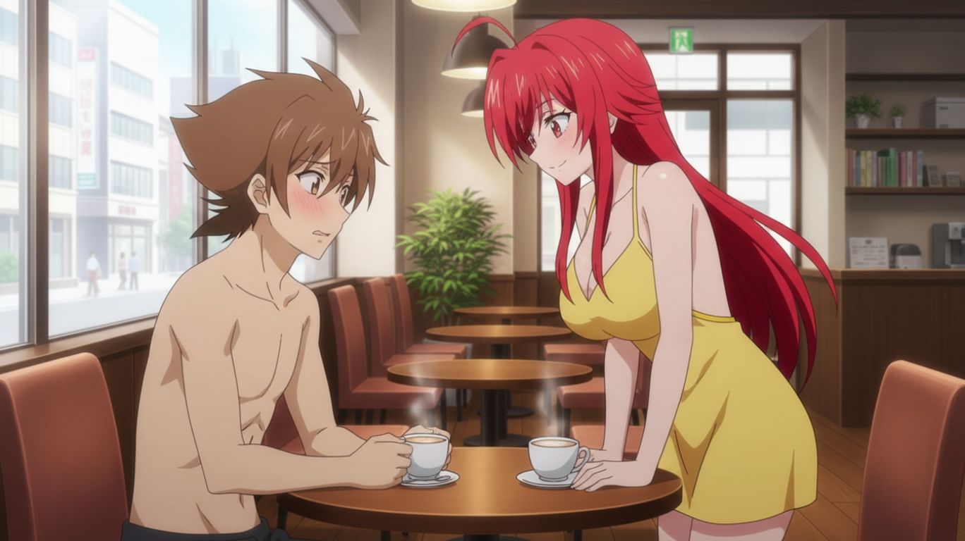 Scene inspired by nsfw anime showing two anime characters having coffee in a quiet café, blending humor, romance, and mature storytelling themes within modern Japanese animation.