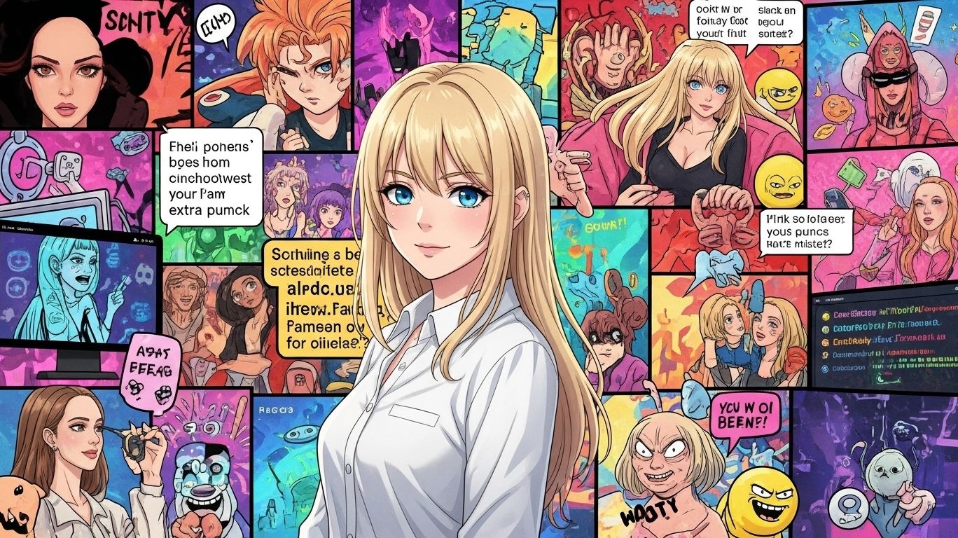Schpicy anime girl surrounded by colorful comic-style internet culture characters and chaotic meme elements