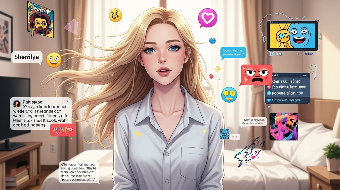 Schpicy anime girl surrounded by floating emojis and digital chat bubbles in an internet culture themed artwork