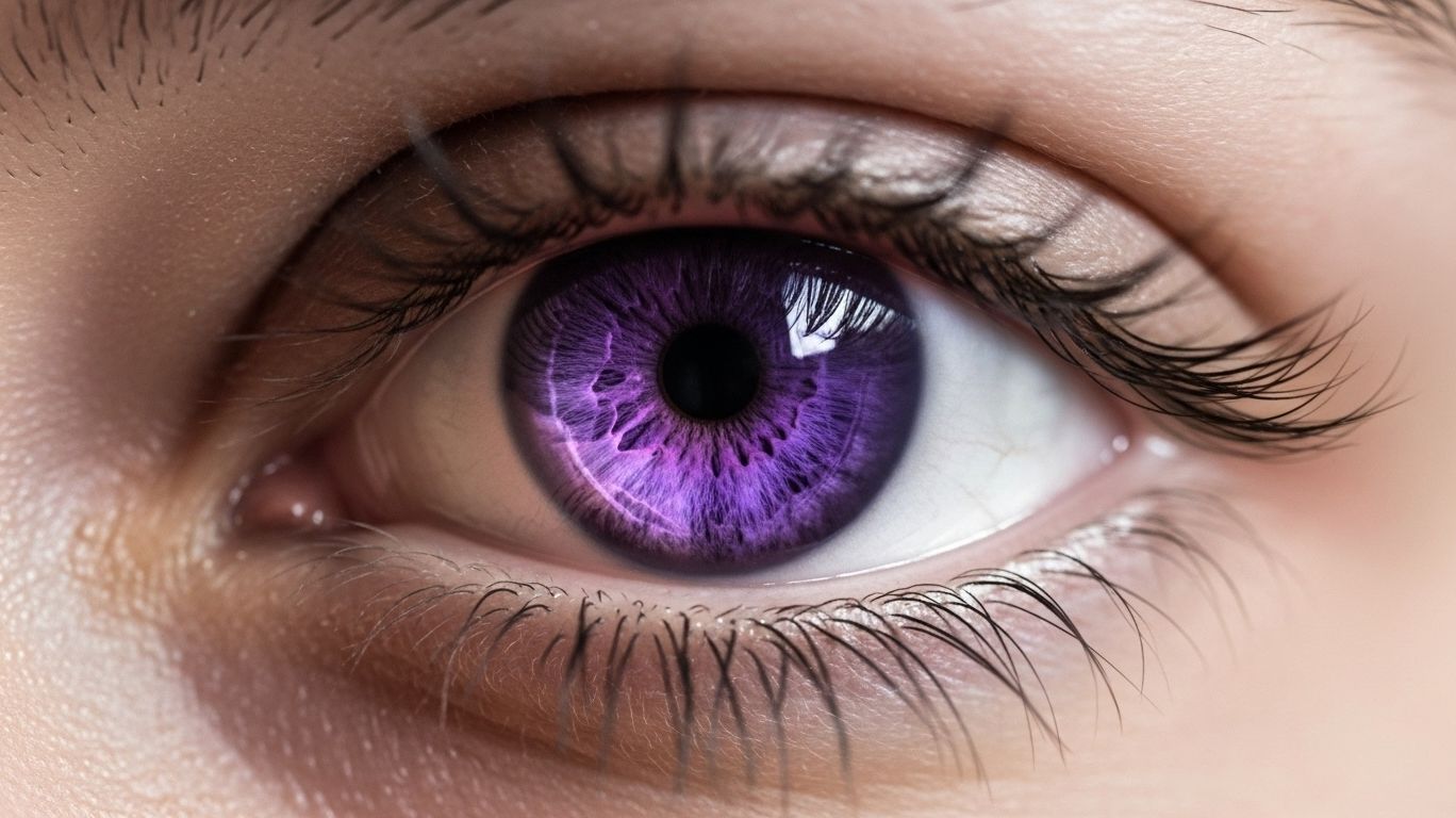Close-up portrait showcasing the rare beauty of natural violet eyes with stunning purple and lavender tones in the iris, highlighting their unique and mesmerizing appearance.