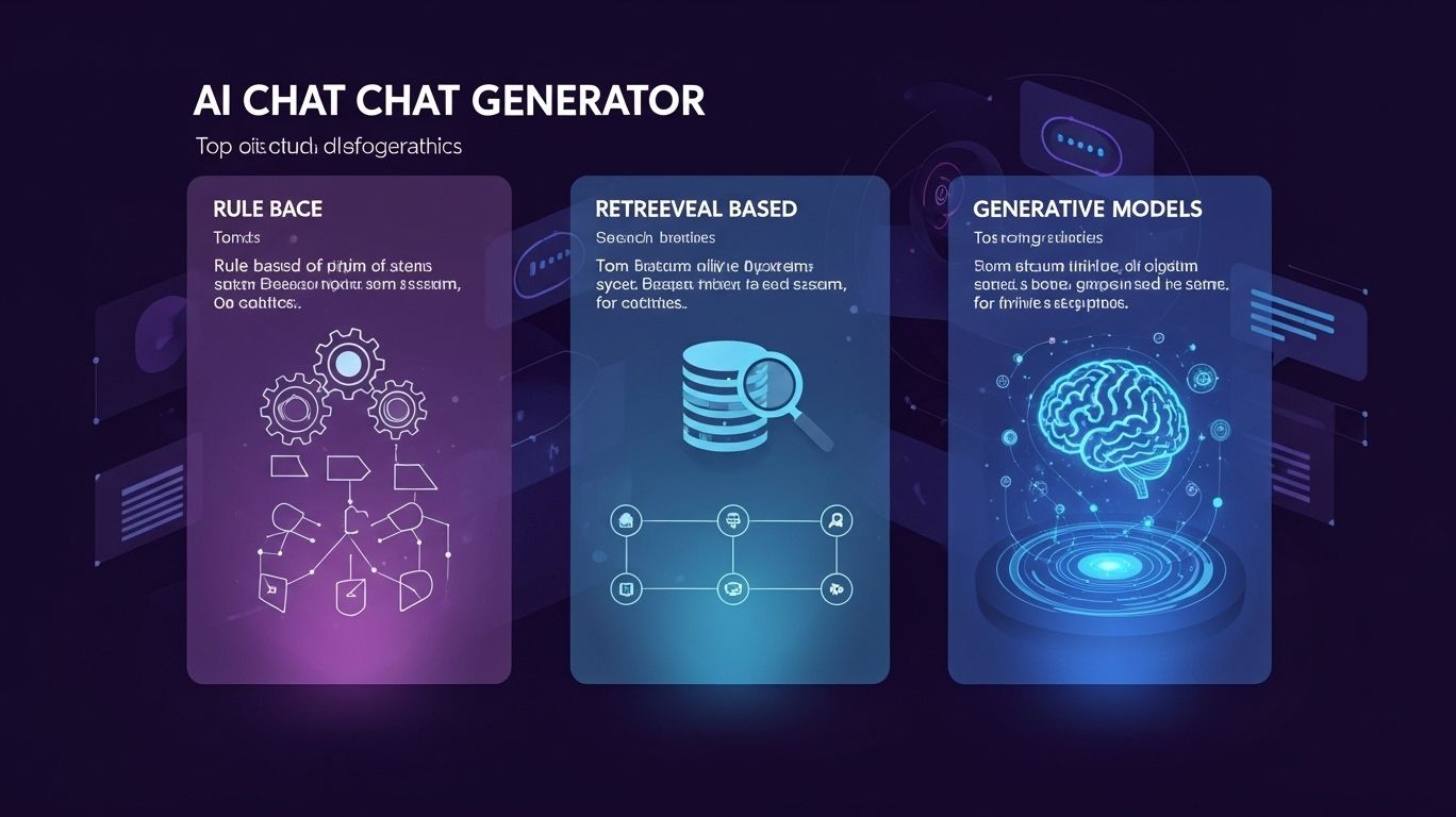 Infographic illustrating the three types of AI chat generators — rule-based, retrieval-based, and generative models — showing how each system powers intelligent, context-aware conversations in modern AI chat generator technology.