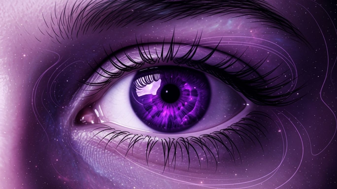 Artistic surreal portrait with glowing violet eyes symbolizing sensual creative freedom, diversity, and the future of artistic expression.