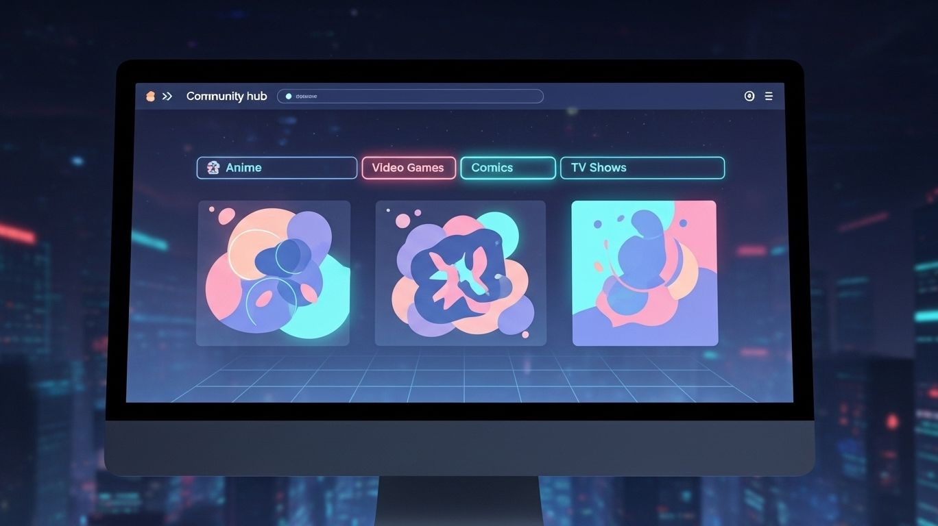 Illustration of an r34 website concept showing an online fan community hub for anime, video games, comics, and TV shows with user-generated creative content.