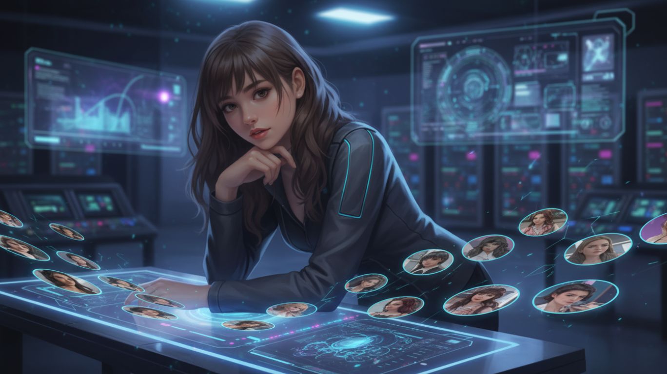 A person engaging with a glowing holographic nsfw ai chatbot in a private virtual space, representing freedom, personalization, and judgment-free adult conversations.