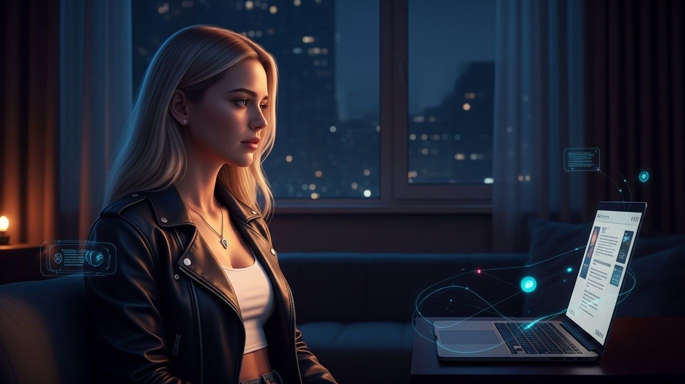 A person chatting with an AI companion on a laptop at night, symbolizing emotional connection and companionship through free nsfw ai chat in a digital world.