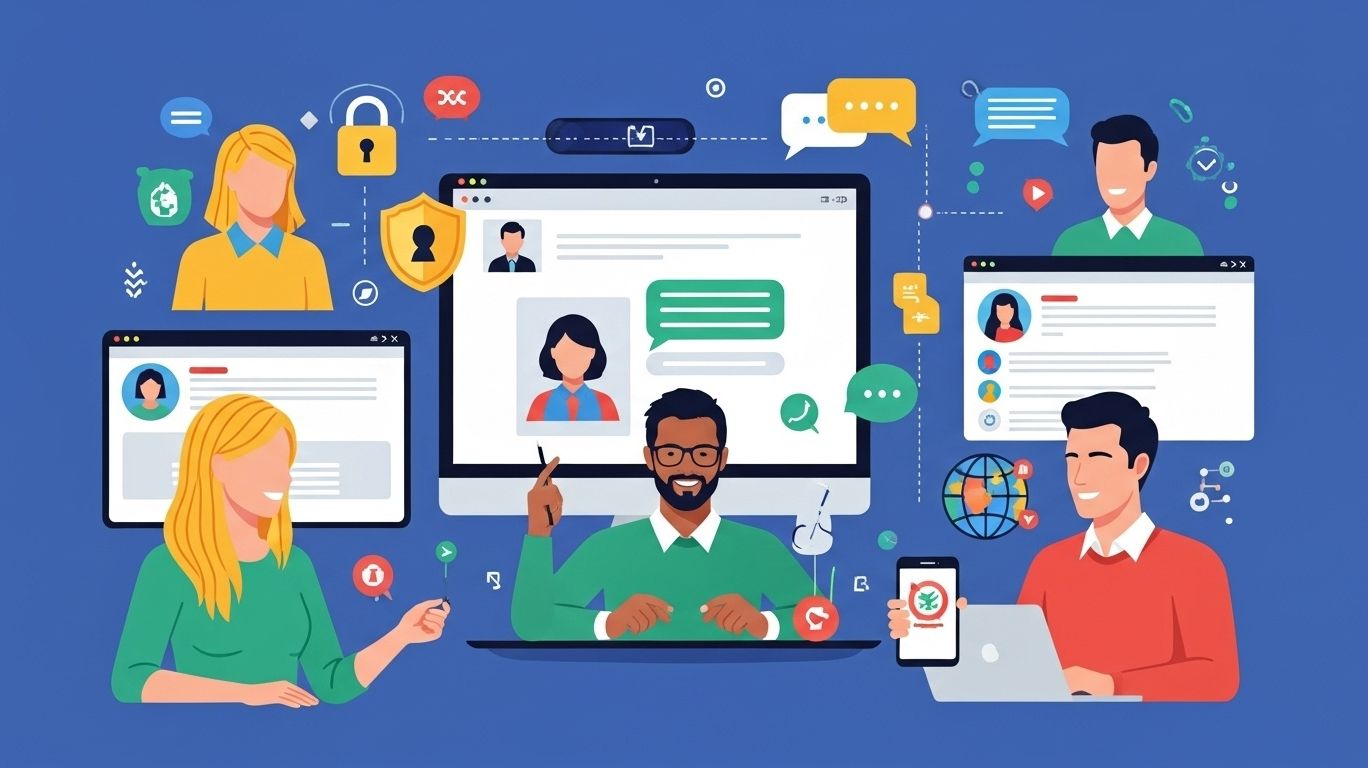 Adults using laptops and smartphones to join anonymous adult chat rooms online, showing instant access, privacy, and global connections without registration.