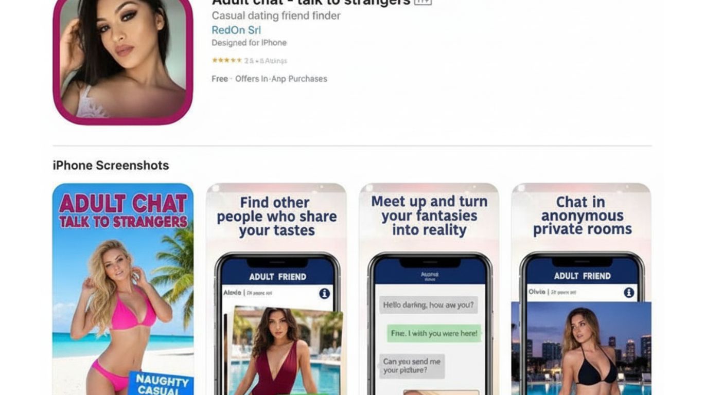 Adult sex chat app interface showing features like private rooms, fantasy roleplay, and connecting with strangers for online dating and casual conversations.