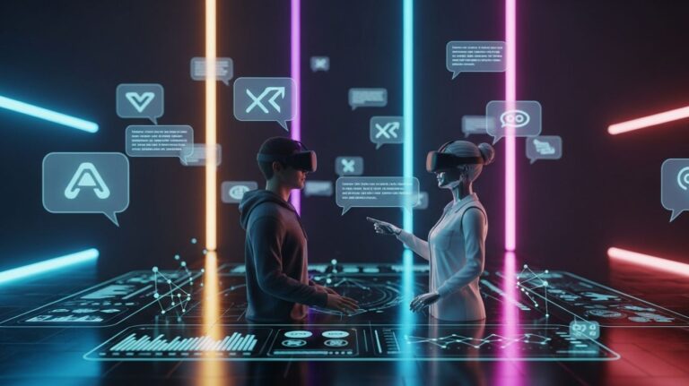 AI chat character interacting with a person through futuristic holographic technology, representing advanced conversational AI and virtual character communication.