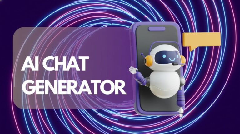 3D illustration of a friendly robot assistant emerging from a smartphone screen with chat bubbles and glowing neon circles in the background, symbolizing modern AI Chat Generator technology and human-AI communication.