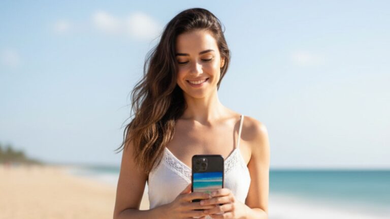 Smiling woman standing on a sunny beach looking at her smartphone, symbolizing realistic AI interaction and emotional connection in ai chat porn conversations enhanced by advanced technology.