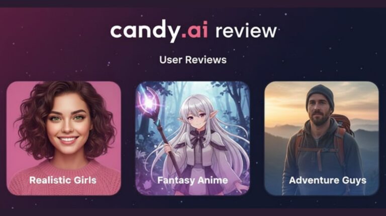Candy AI Review – user reviews showing Realistic Girls, Fantasy Anime, and Adventure Guys virtual companions from the interactive AI chatbot app.