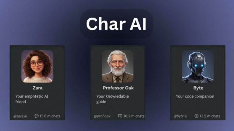 "Comparison of nsfw char ai chatbot characters including Zara the empathetic AI friend, Professor Oak the knowledgeable guide, and Byte the code companion, showcasing different AI personalities and chat features."