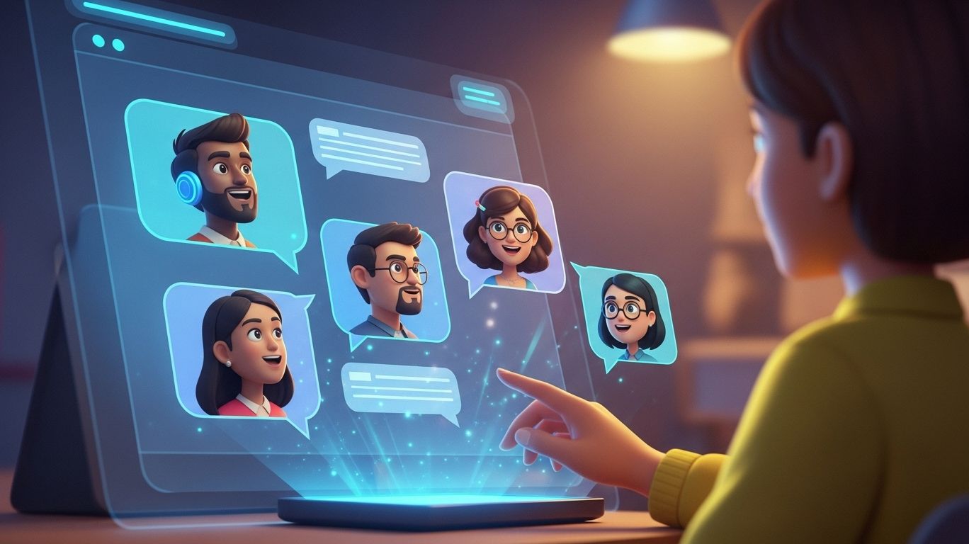 Person chatting with AI characters on a digital screen, showing modern chatbots with unique personalities and natural, human-like interaction.