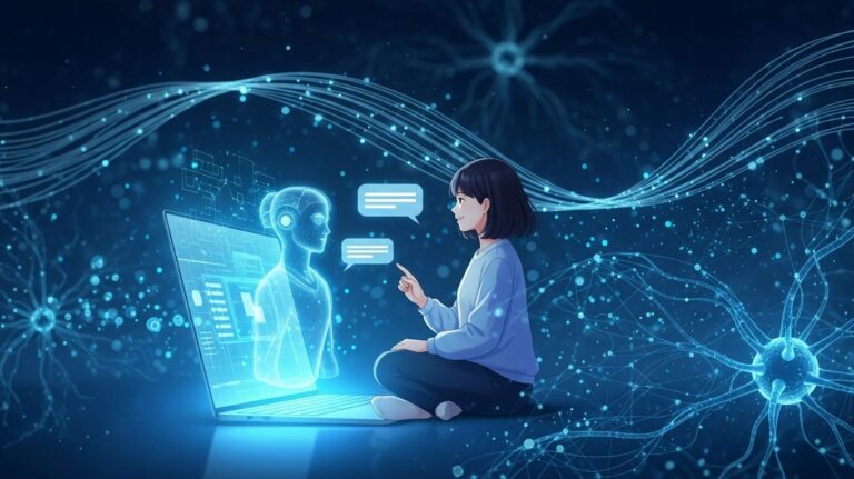 Person engaging in a futuristic chat with AI on a glowing laptop, symbolizing natural and intuitive conversations powered by artificial intelligence.
