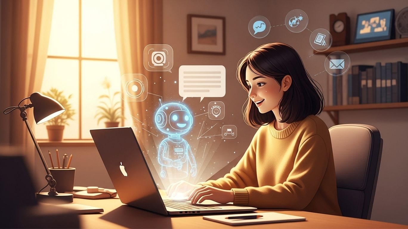 Person smiling while chatting with AI on a laptop, symbolizing creativity, learning, and companionship through artificial intelligence.