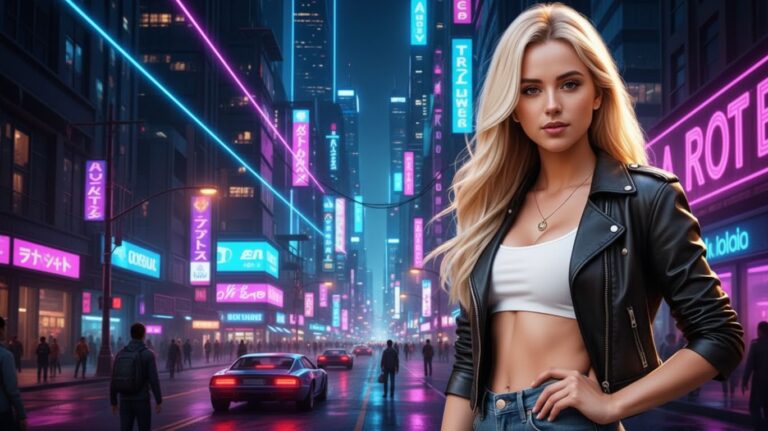 A stylish woman standing confidently in a neon-lit futuristic city street, symbolizing the blend of technology, connection, and digital companionship represented by free nsfw ai chat.