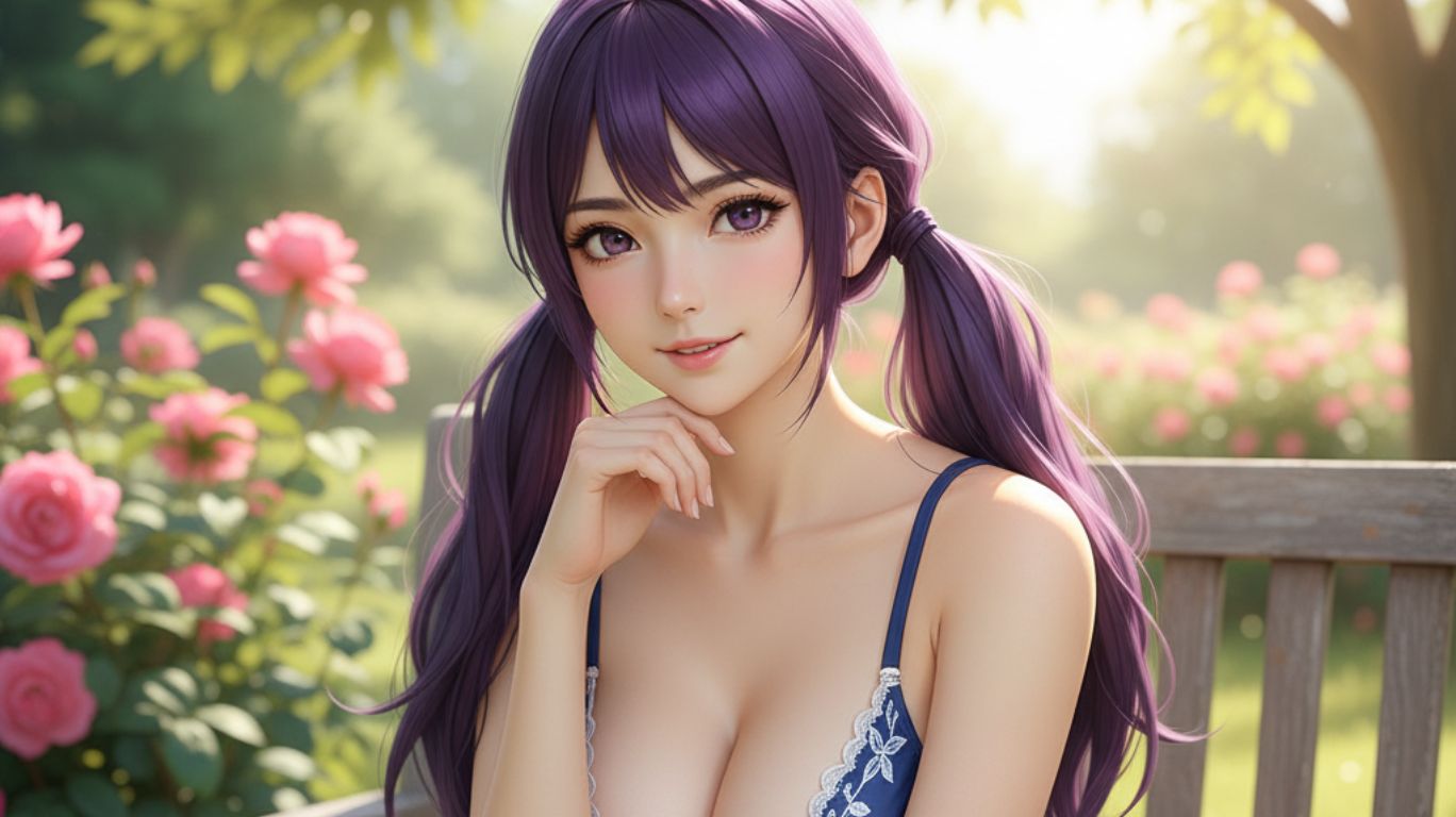 Anime-style digital illustration representing hentai ai, featuring a purple-haired anime girl sitting on a bench in a bright garden, symbolizing the blend of artificial intelligence and anime creativity.