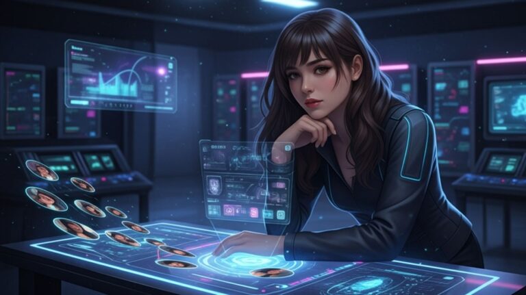 Futuristic woman interacting with holographic screens in a digital lab, symbolizing the advanced technology and innovation behind an nsfw ai chatbot for modern virtual companionship.
