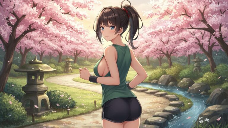 Beautiful anime-style artwork symbolizing nsfw anime, featuring a confident female anime character in a peaceful cherry blossom park, blending mature artistic expression with detailed Japanese animation aesthetics.