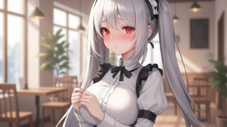 Anime-style virtual girl with silver hair and red eyes standing in a softly lit café, symbolizing the emotional and creative connection experienced through nsfw chat ai.