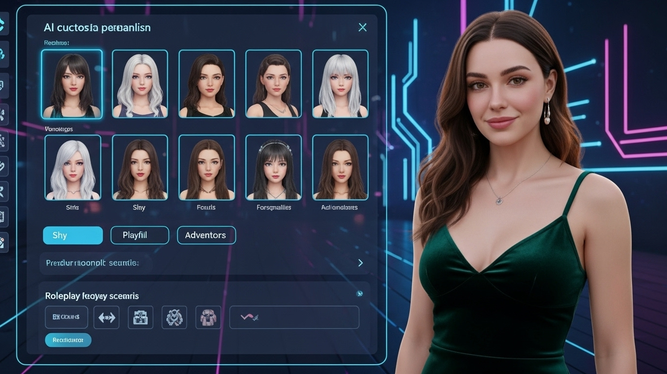 Porn AI chat interface with customizable female characters and a virtual woman in a green dress
