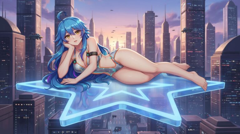 Futuristic anime-style artwork of a female character with blue hair in a neon cityscape, symbolizing creative fan content often shared on an r34 website.